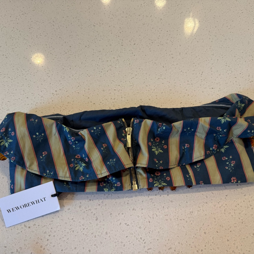 NWT WeWoreWhat Ruffle Beaded Floral Stripe Deep Storm Bandeau Size 12 Denim $89 - Picture 9 of 15